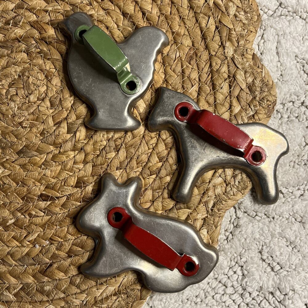 Vintage Metal Cookie Cutters Chicken Rabbit Bunny Pony Horse Red & Green Handles